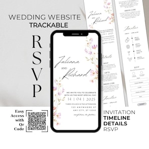 May include: A wedding invitation featuring a floral design displayed on a smartphone screen. The invitation is for Juliana and Richard, and it details the date, time, and location of the wedding. The invitation also includes a QR code for easy access to the wedding website.