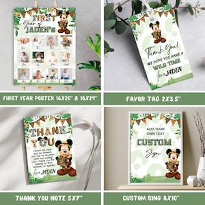 May include: A set of printable party decorations featuring a cartoon safari Mickey Mouse. The set includes a first year poster, a thank you note, a favor tag, and a custom sign. The decorations are in green, brown, and yellow with a jungle theme.