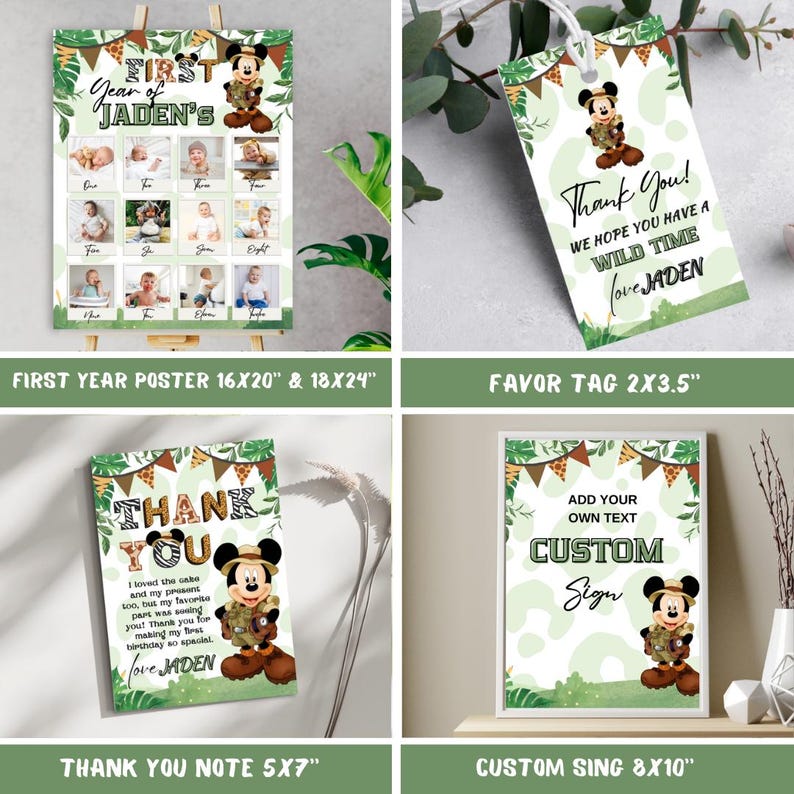 May include: A set of printable party decorations featuring a cartoon safari Mickey Mouse. The set includes a first year poster, a thank you note, a favor tag, and a custom sign. The decorations are in green, brown, and yellow with a jungle theme.