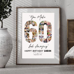 Szablon kolażu zdjęć na 60. urodziny, niestandardowy plakat z okazji urodzin kamienia milowego dla mamy lub taty, prezent z kolażem zdjęć z numerem 60 dla babci lub dziadka