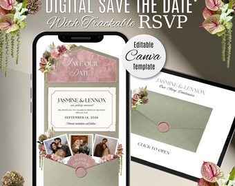 Blush Pink & Soft Green Wedding Save The Date Website with RSVP: Editable Canva Template