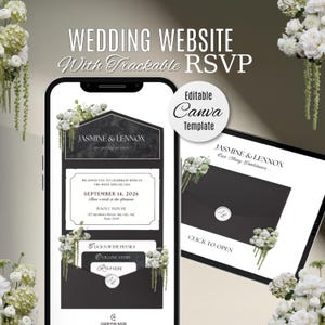 Puede incluir: Una plantilla de sitio web de bodas que se muestra en un teléfono inteligente y una tableta. El diseño presenta un esquema de color blanco y negro con acentos florales. El texto incluye "Wedding Website", "Trackable RSVP" y detalles de la boda.