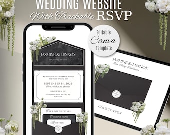 Black & White Floral Wedding Website Invitation with RSVP: Editable Canva Template