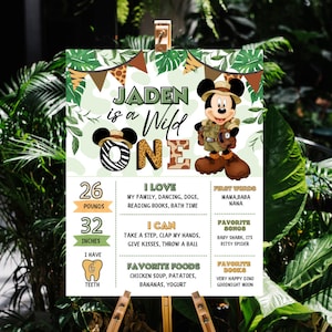 Póster de hitos del primer cumpleaños de Mickey Mouse Safari, cartel de hitos de cumpleaños editable, tablero de hitos del primer año con temática de Mickey Safari imprimible