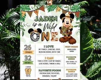 1st Birthday Mickey Mouse Safari Milestone Poster, Editable Birthday milestone sign, Printable Mickey safari theme 1st year milestone board