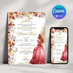 Red and Gold Floral Quinceanera Invitation, Sweet 16 Birthday, Mis Quince Anos Classy Crown Invite, Quinceanera Editable & Printable Invite