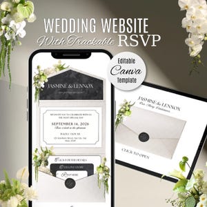 May include: A wedding website template displayed on two devices. The design features floral accents, elegant fonts, and the names "Jasmine & Lennox." The website includes RSVP details and an editable Canva template.