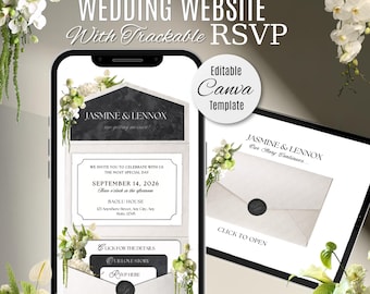 Invitación para sitio web de boda con sobre floral blanco y negro y RSVP: Plantilla editable de Canva