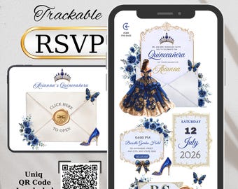 Navy Blue & Gold Quinceanera Invitation Website with Online RSVP Animated Envelope Design (Digital)