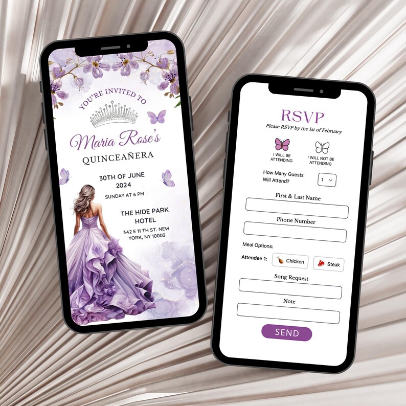 May include: Purple and white digital invitation for a Quincea&ntilde;era. The invitation features a crown, butterflies, and a woman in a purple gown. The text reads "You're invited to Maria Rose's Quincea&ntilde;era, 30th of June 2024, Sunday at 6 PM, The Hide Park Hotel, 342 E 11th St. New York, NY 10003".
