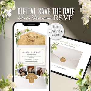 May include: Digital save the date template with trackable RSVP. The design features a smartphone and tablet displaying wedding invitation details. The invitation includes the names Jasmine & Lennox, the wedding date, and the text "Please RSVP Here."
