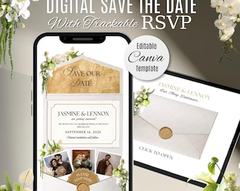 White & Gold Floral Wedding Save The Date Website with RSVP: Editable Canva Template