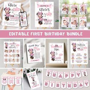 Lot 1er anniversaire de Minnie Mouse, premier cadeau d'anniversaire pour fille modifiable, affiche imprimable d'étape importante et panneau de bienvenue, téléchargement numérique