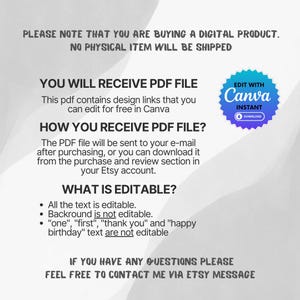 May include: A digital product listing for a printable birthday card design. The text says "You will receive PDF file" and "This pdf contains design links that you can edit for free in Canva". The text also says "How you receive PDF file?" and "The PDF file will be sent to your e-mail after purchasing, or you can download it from the purchase and review section in your Etsy account."