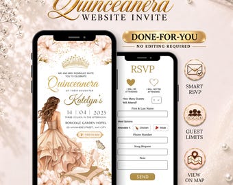 May include: Two smartphones displaying a Quinceañera website invitation. The left screen shows a girl in a gown, a crown, and event details for Katelyn. The right screen shows an RSVP form with fields for guest names, meal options, and song requests.