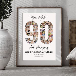 90th Birthday Photo Collage Template, Custom Milestone Birthday poster for Mom or Dad, Number 90 Picture Collage Gift for Grandma or Grandpa