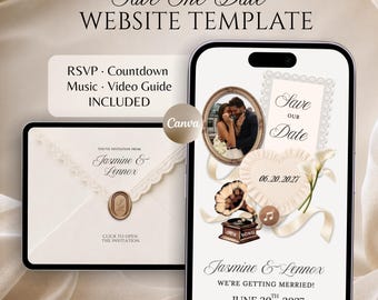 Ivory & Gold Save the Date Wedding Website Template with RSVP, Countdown, Music (Editable Template)