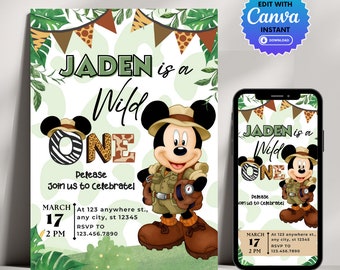 Invitation 1er anniversaire Mickey Mouse, Invitation d'anniversaire modifiable Mickey Safari, Invitation imprimable, Invitation 1er anniversaire Mickey Safari