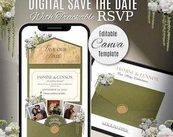 Sage Green & Gold Floral Wedding Save The Date Website with RSVP: Editable Canva Template