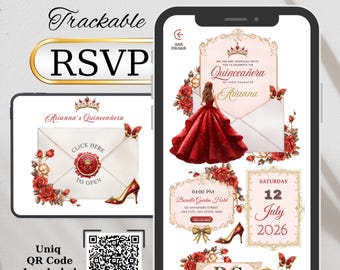 May include: Digital quinceañera invitation design with a red dress illustration, floral accents, and RSVP details. Features a QR code and the text "Website Invitation" and "Trackable RSVP". Includes a digital invitation on a smartphone.