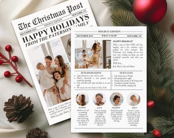 Plantilla de tarjeta de boletín navideño: Tarjeta familiar con foto de resumen del año (descarga digital)