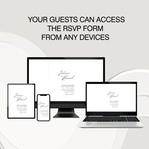 Puede incluir: Una maqueta que muestra c&oacute;mo se puede ver una invitaci&oacute;n de boda en diferentes dispositivos, incluyendo una computadora de escritorio, una computadora port&aacute;til, una tableta y un tel&eacute;fono inteligente. La invitaci&oacute;n presenta los nombres "Jalana y Richard" y la fecha "14.04.1.2023".