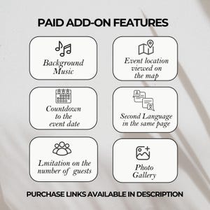 May include: A graphic with a white background and black text outlining paid add-on features for an event website. The features include background music, event location viewed on the map, countdown to the event date, second language in the same page, limitation on the number of guests, and photo gallery.