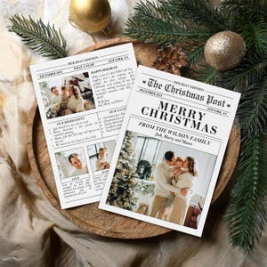 Vrolijk kerstfeest kaartsjabloon nieuwsbrief, jaaroverzicht fotokaart familienieuwsbrief, wat een jaar afdrukbare sjabloon vakantiekrant