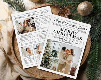 Plantilla de tarjeta de boletín navideño: Tarjeta fotográfica de resumen del año (descarga digital)