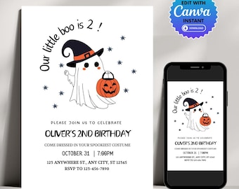 Spooky Ghost Halloween Birthday Invitation: Our Little Boo Is Two (Digital Download)