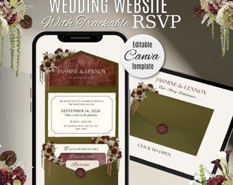 Invitación floral verde oliva y burdeos para sitio web de boda con RSVP: Plantilla editable de Canva
