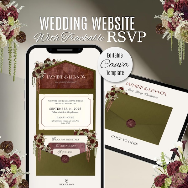 Olive Green & Burgundy Floral Wedding Website Invitation with RSVP: Editable Canva Template