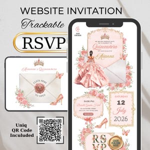 May include: Digital quinceañera invitation design with a pink and gold theme. The design includes an illustration of a quinceañera dress, butterflies, and floral accents. The invitation includes the text "Website Invitation", "RSVP", and "Trackable".
