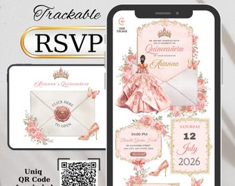 Pode incluir: Design digital de convite de quinceañera com tema rosa e dourado. O design inclui uma ilustração de um vestido de quinceañera, borboletas e detalhes florais. O convite inclui o texto "Website Invitation", "RSVP" e "Trackable".