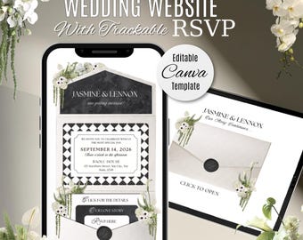 White & Black Wedding Website Invitation Template with Trackable RSVP (Digital Download)