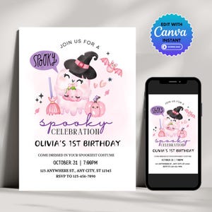 May include: A pink and purple Halloween birthday invitation with a cartoon ghost wearing a witch's hat and holding a pumpkin. The text reads "Join us for a spooky celebration Olivia's 1st Birthday".