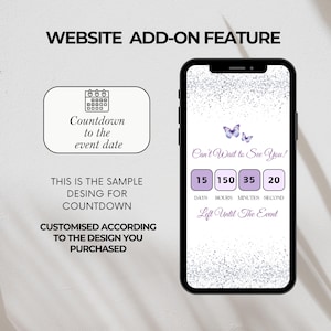 Puede incluir: Una función de complemento de sitio web para un temporizador de cuenta regresiva con un diseño de mariposa púrpura. El temporizador muestra días, horas, minutos y segundos. El texto "Can't Wait to See You!" se muestra encima del temporizador. El texto "Left Until The Event" se muestra debajo del temporizador.