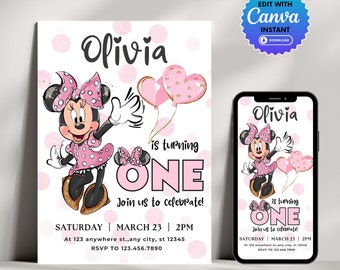 Minnie Mouse Invitation 1st Birthday, First Birthday Girl Printable Invitation Template, Pink Minnie Mouse Invite Editable Invitation