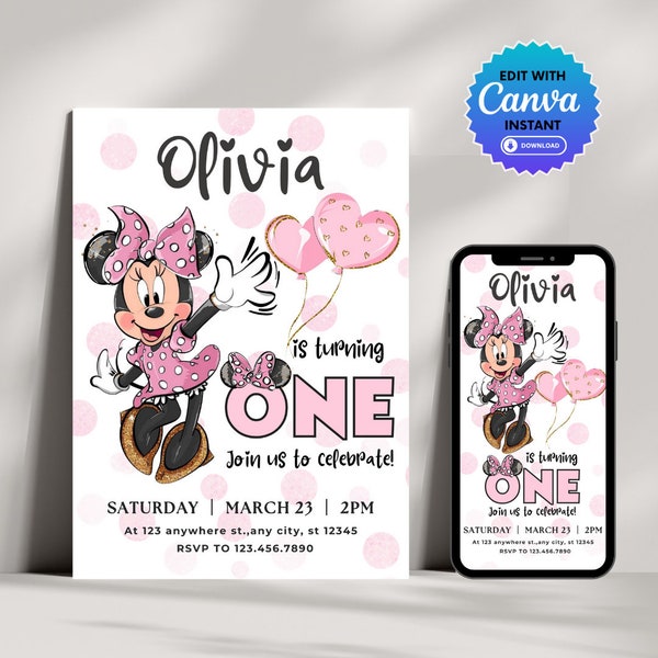 Minnie Mouse Invitation 1st Birthday, First Birthday Girl Printable Invitation Template, Pink Minnie Mouse Invite Editable Invitation