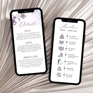 May include: A digital invitation for a quincea&ntilde;era with a purple floral design. The invitation includes details about the RSVP, gifts, dress code, and a timeline of events for the celebration. The text on the invitation reads "Details", "RSVP", "Gifts", "Dress Code", "Timeline", "Friday, April 14, 2025", "Mass Ceremony", "Reception", "Dinner", "Change of Shoes & Last Doll", "Father Daughter Dance", "Cake Cutting", "Party Time".