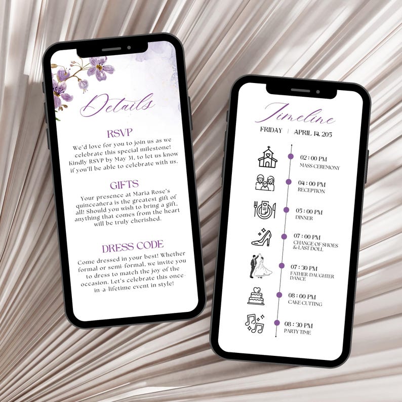 May include: A digital invitation for a quincea&ntilde;era with a purple floral design. The invitation includes details about the RSVP, gifts, dress code, and a timeline of events for the celebration. The text on the invitation reads "Details", "RSVP", "Gifts", "Dress Code", "Timeline", "Friday, April 14, 2025", "Mass Ceremony", "Reception", "Dinner", "Change of Shoes & Last Doll", "Father Daughter Dance", "Cake Cutting", "Party Time".