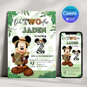 Invito di compleanno Mickey Safari Oh Twodles, 2° compleanno di Topolino, modello di invito modificabile, festa di compleanno a tema Mickey Safari