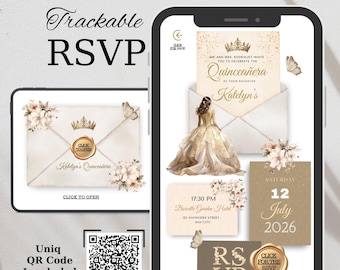 May include: Digital website invitation design for a Quinceañera, featuring a smartphone displaying an invitation with floral and butterfly accents. Includes RSVP details, date, time, and a QR code.