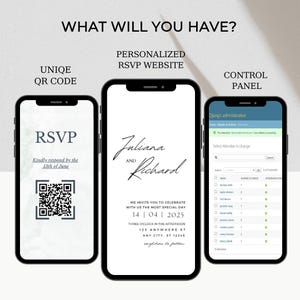 Puede incluir: Una maqueta de la pantalla de un tel&eacute;fono m&oacute;vil que muestra un sitio web RSVP de boda con un c&oacute;digo QR, los nombres "Juliana y Richard" y la fecha "14 04 2025".