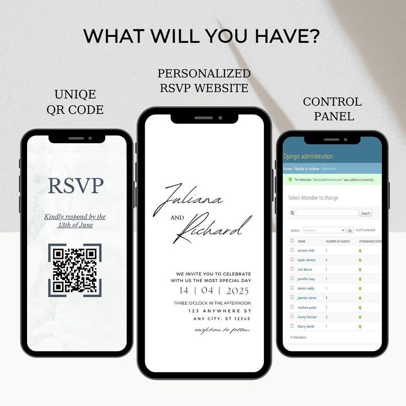 Puede incluir: Una maqueta de la pantalla de un tel&eacute;fono m&oacute;vil que muestra un sitio web RSVP de boda con un c&oacute;digo QR, los nombres "Juliana y Richard" y la fecha "14 04 2025".