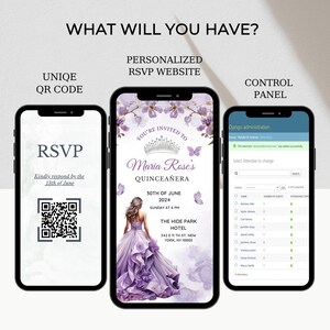 May include: A digital invitation for a Quincea&ntilde;era, featuring a purple dress with a crown and butterflies. The invitation includes the date, time, and location of the event. The text "You're invited to Maria Rose's Quincea&ntilde;era" is displayed on the invitation.