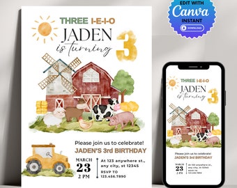 Watercolor Farm Animals 3rd Birthday Invitation (Digital Download)