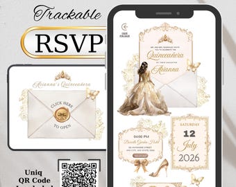May include: Digital quinceañera invitation design with a gold and cream color scheme. The design includes a QR code, RSVP details, and event information. The invitation features the text "Website Invitation", "Trackable", and "RSVP".
