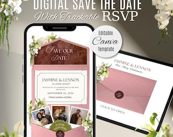 Pink & Burgundy Floral Wedding Save The Date Website with RSVP: Editable Canva Template