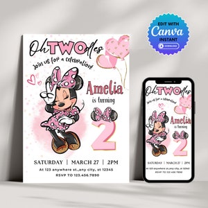 Minnie Mouse Oh Twodles Birthday Invitation, Minnie 2nd Birthday Printable Invitation Template, Pink Minnie Mouse Invite